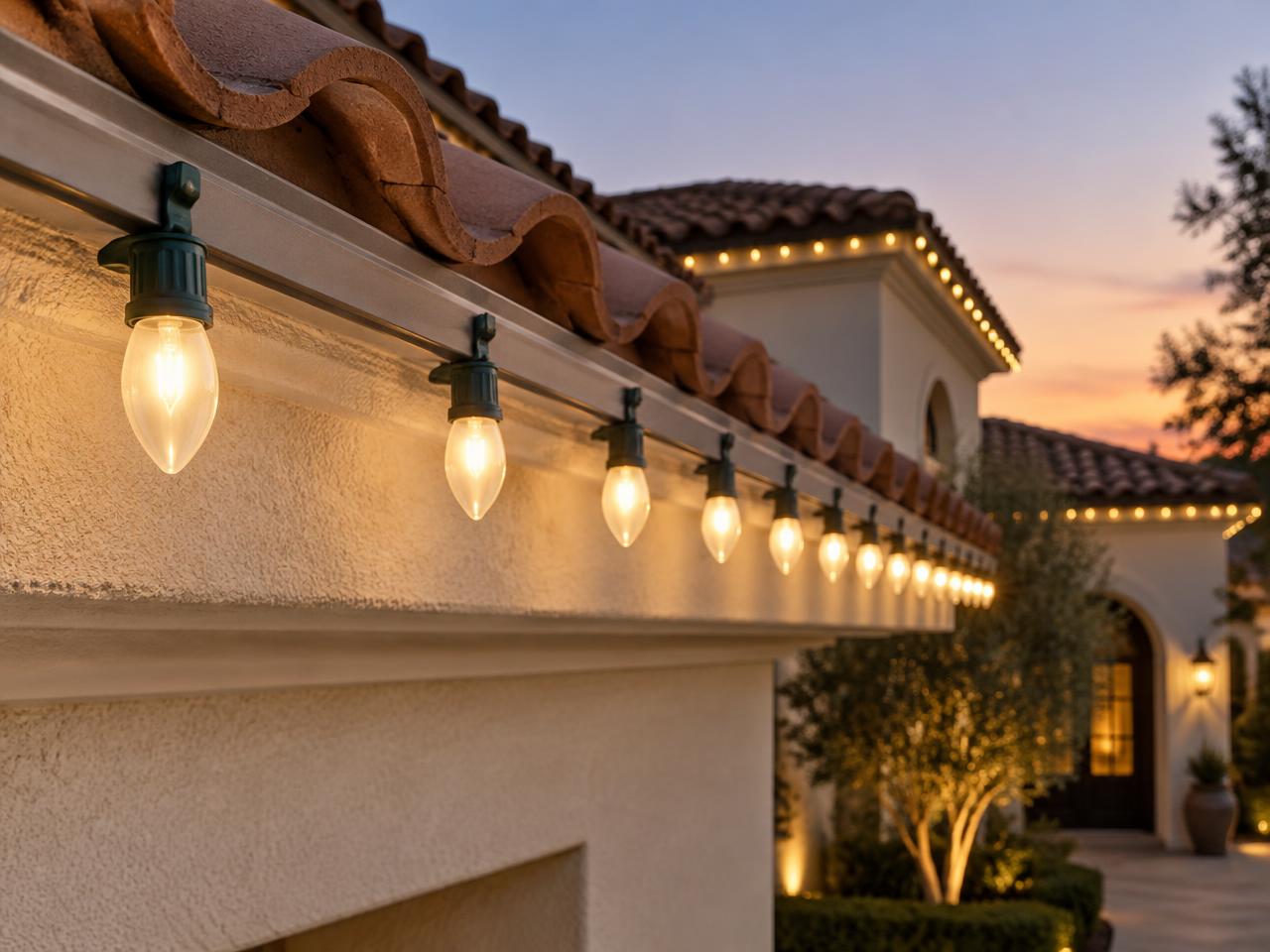 Commercial-grade Christmas bulbs installed evenly on a roofline