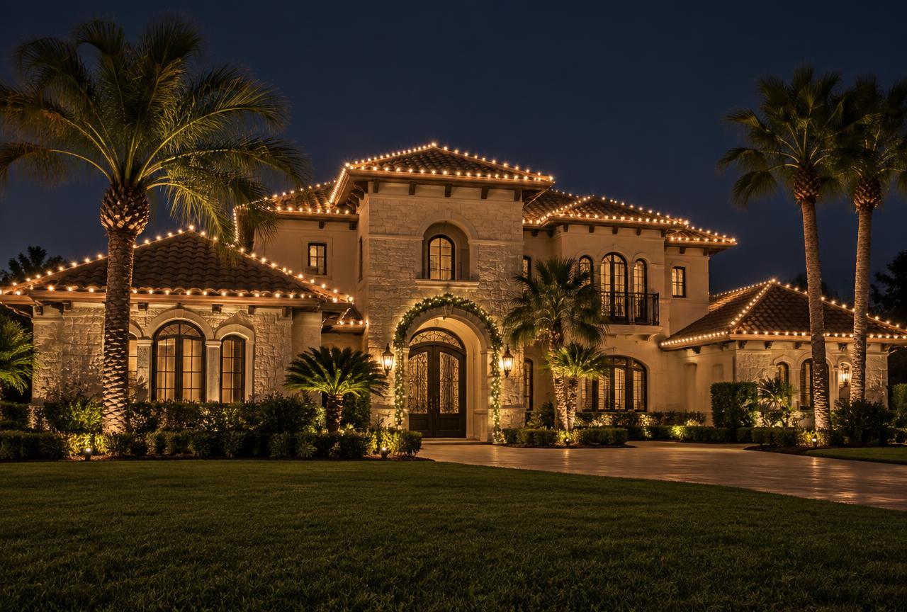 Mission home with professional Christmas lighting